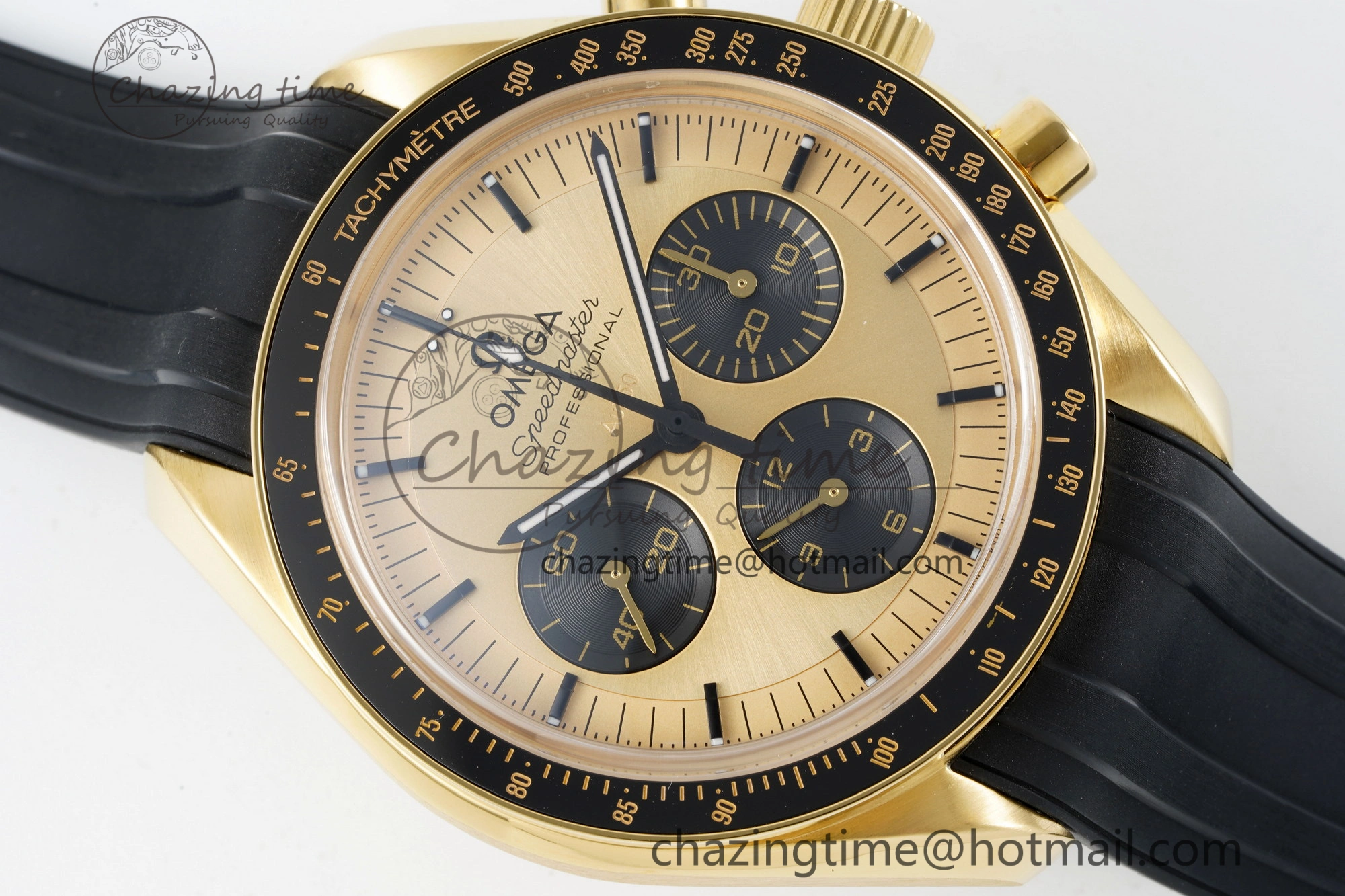 Speedmaster Moonwatch in Moonshine Gold YG RMF Best Edition YG Dial on Black Rubber Strap Manual Chrono