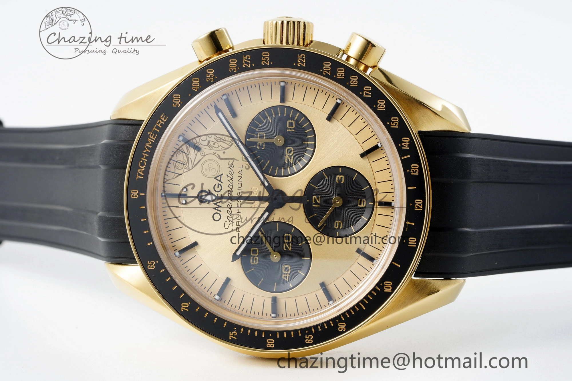 Speedmaster Moonwatch in Moonshine Gold YG RMF Best Edition YG Dial on Black Rubber Strap Manual Chrono