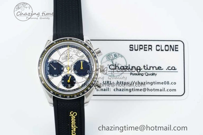 Speedmaster Racing Master SS HKF Best Edition White Black Dial on Black Rubber Strap A7750