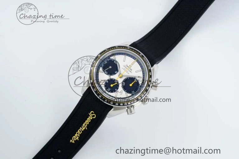 Speedmaster Racing Master SS HKF Best Edition White Black Dial on Black Rubber Strap A7750