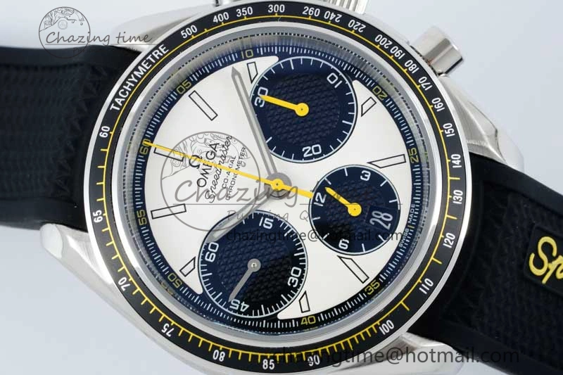 Speedmaster Racing Master SS HKF Best Edition White Black Dial on Black Rubber Strap A7750