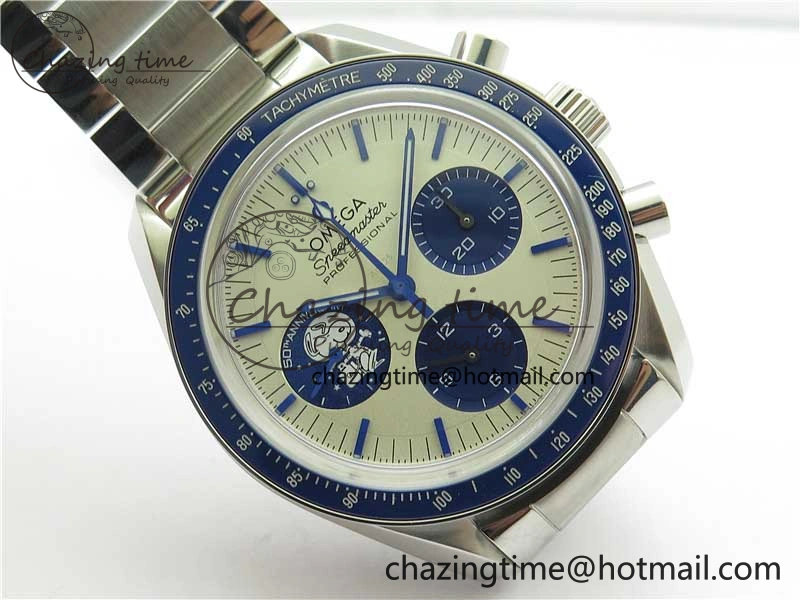 Speedmaster SS Snoopy Apollo OMF Best Edition White Dial on SS Flat link Bracelet Venus75