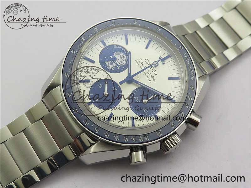 Speedmaster SS Snoopy Apollo OMF Best Edition White Dial on SS Flat link Bracelet Venus75