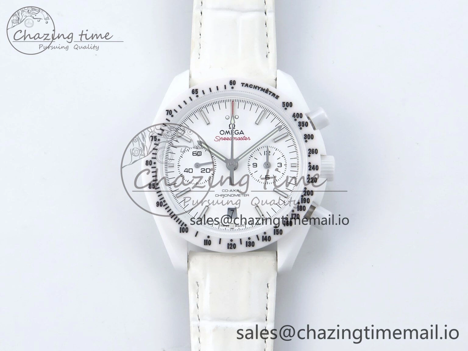 Speedmaster White Side Of The Moon N1F 1:1 Best Edition White Dial White Ceramic on White Leather Strap A9300