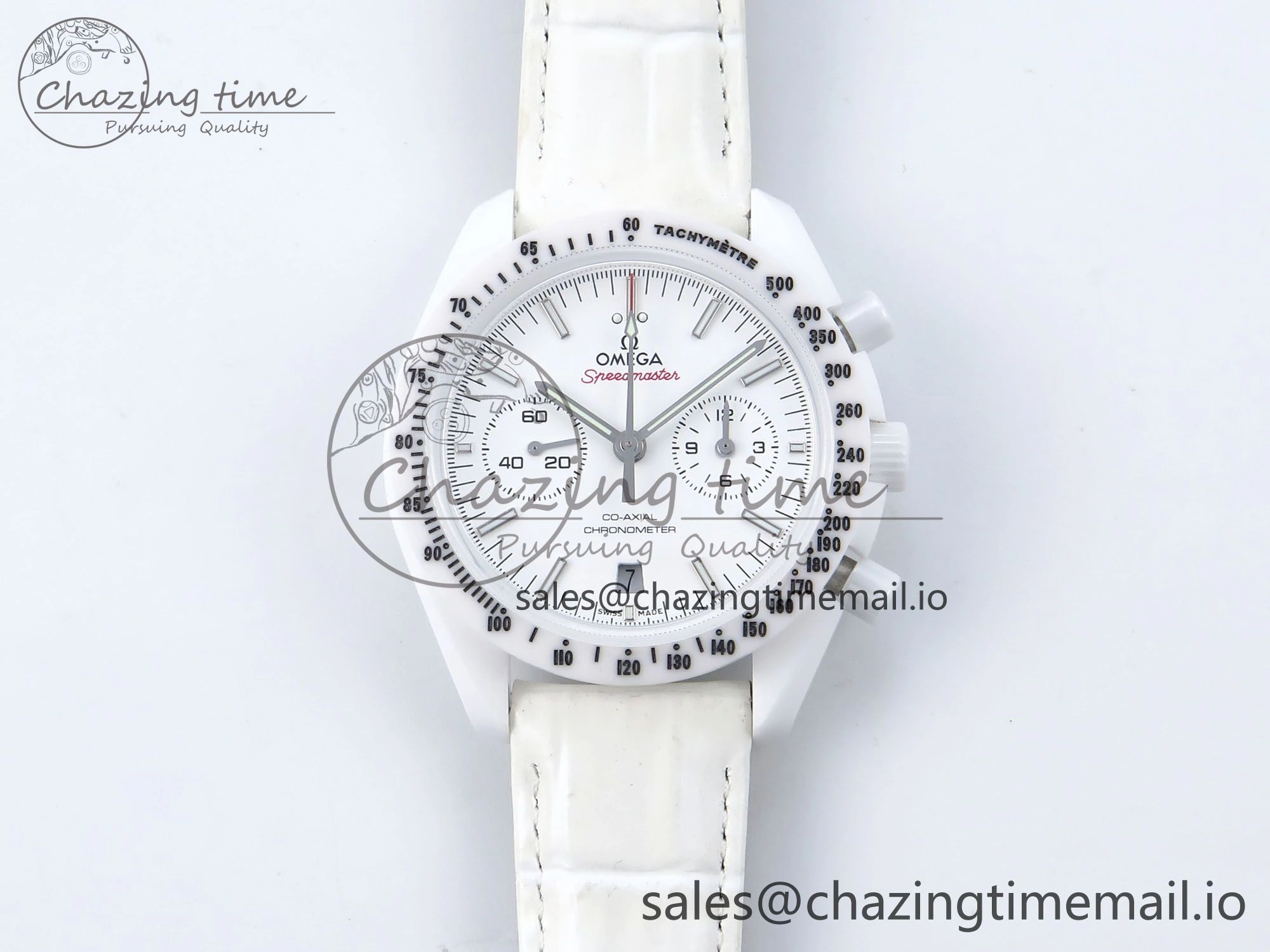 Speedmaster White Side Of The Moon N1F 1:1 Best Edition White Dial White Ceramic on White Leather Strap A9300