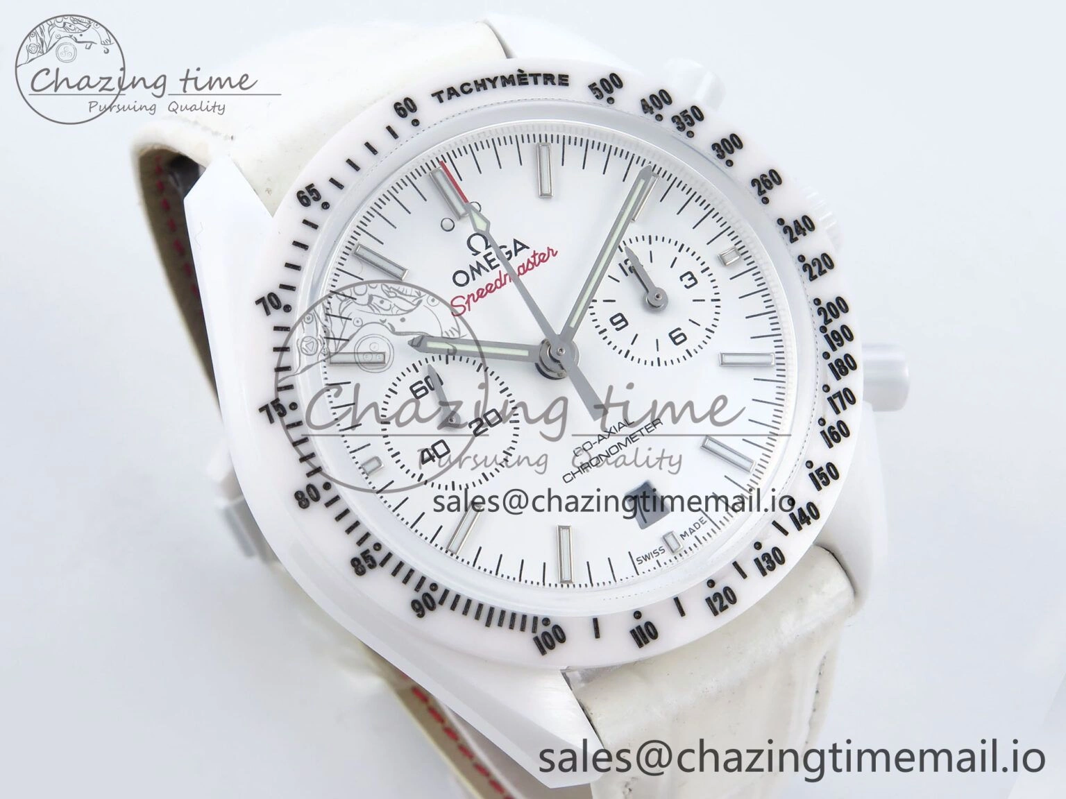 Speedmaster White Side Of The Moon N1F 1:1 Best Edition White Dial White Ceramic on White Leather Strap A9300