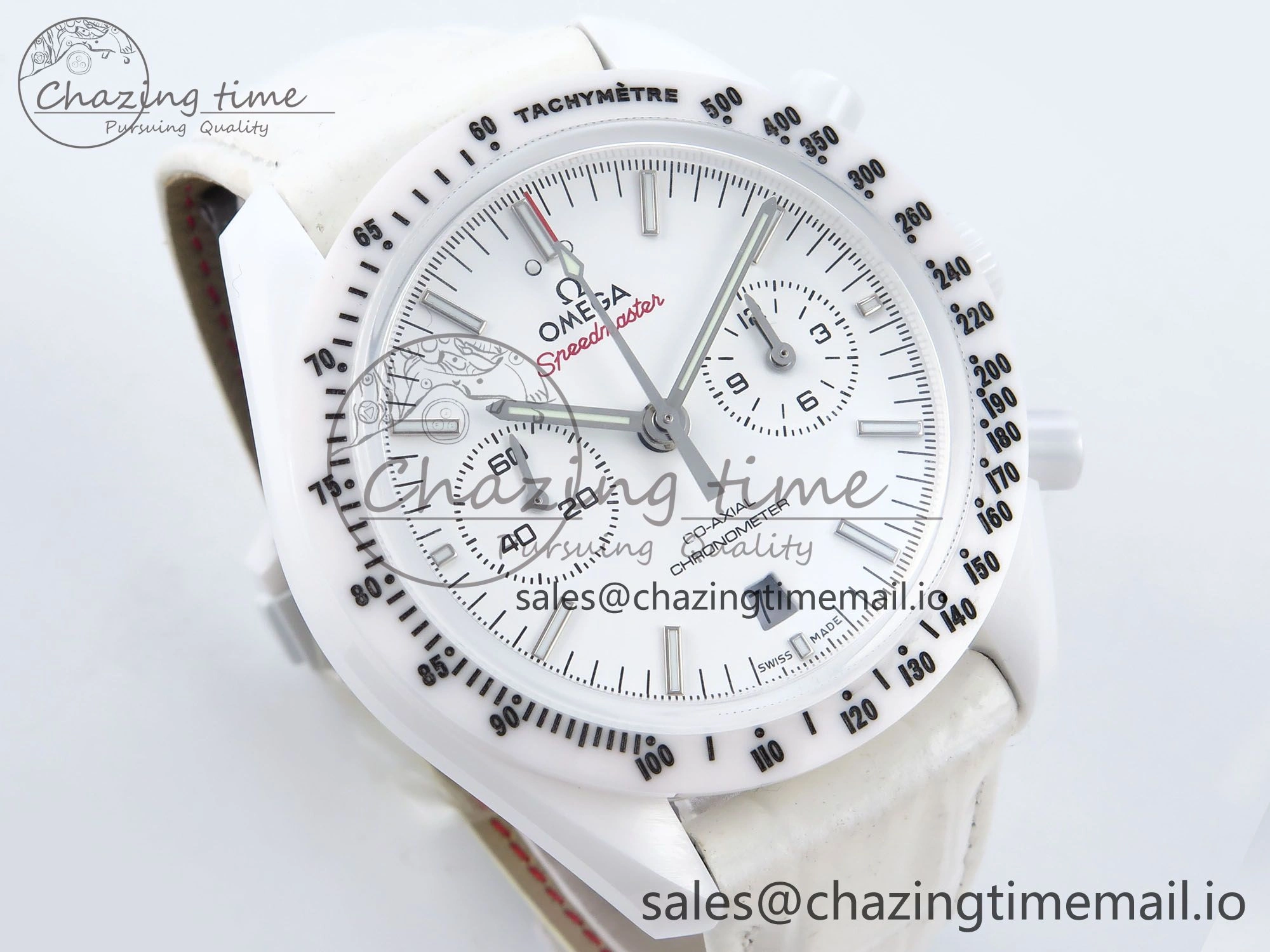 Speedmaster White Side Of The Moon N1F 1:1 Best Edition White Dial White Ceramic on White Leather Strap A9300
