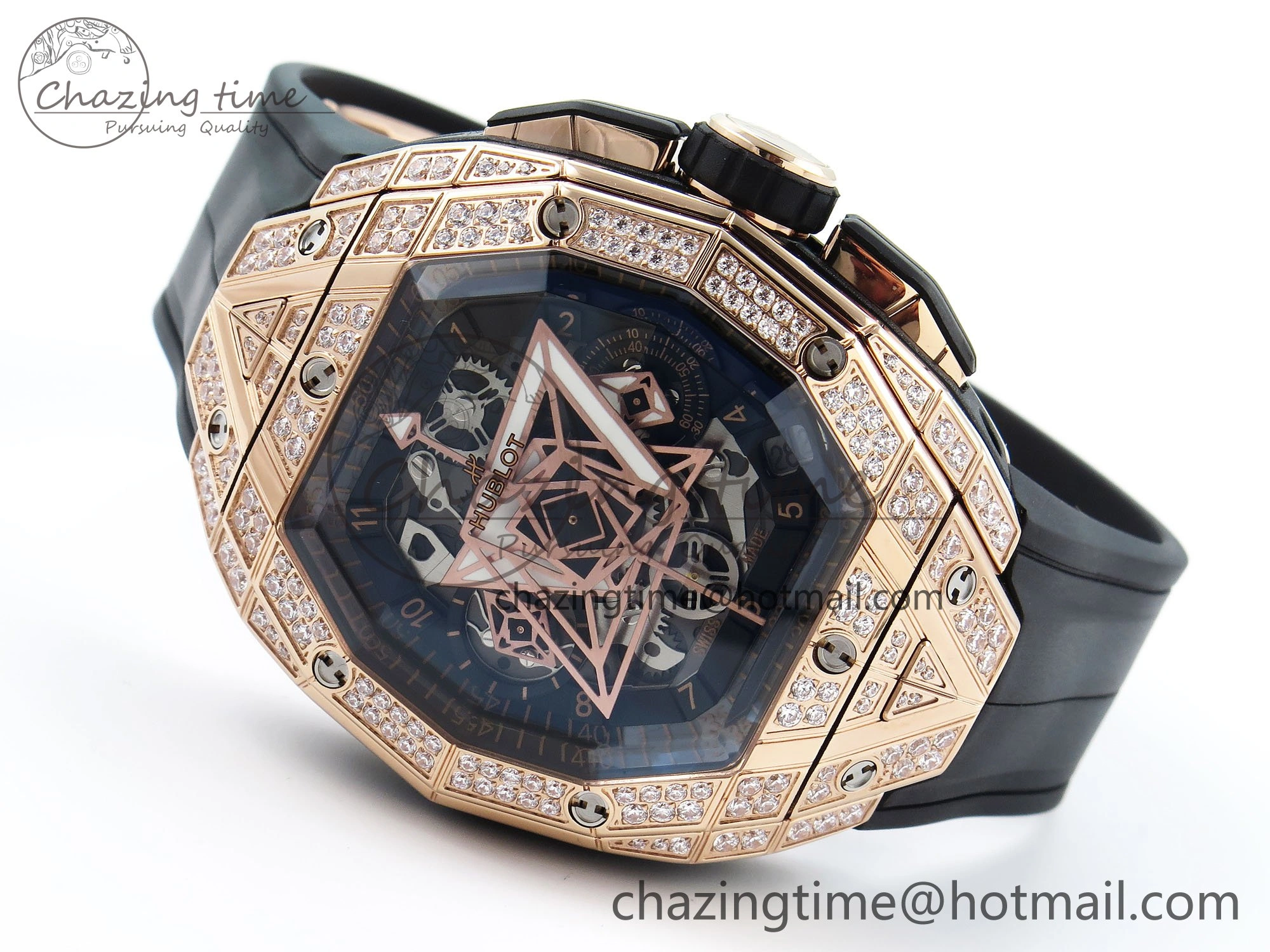 Spirit of Big Bang Sang Bleu RG Full Diamonds BLSF Edition Skeleton Dial on Black Rubber Strap A7750