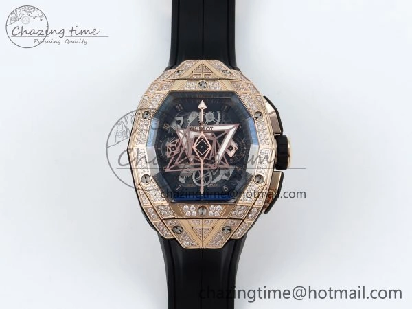 Spirit of Big Bang Sang Bleu RG Full Diamonds BLSF Edition Skeleton Dial on Black Rubber Strap A7750