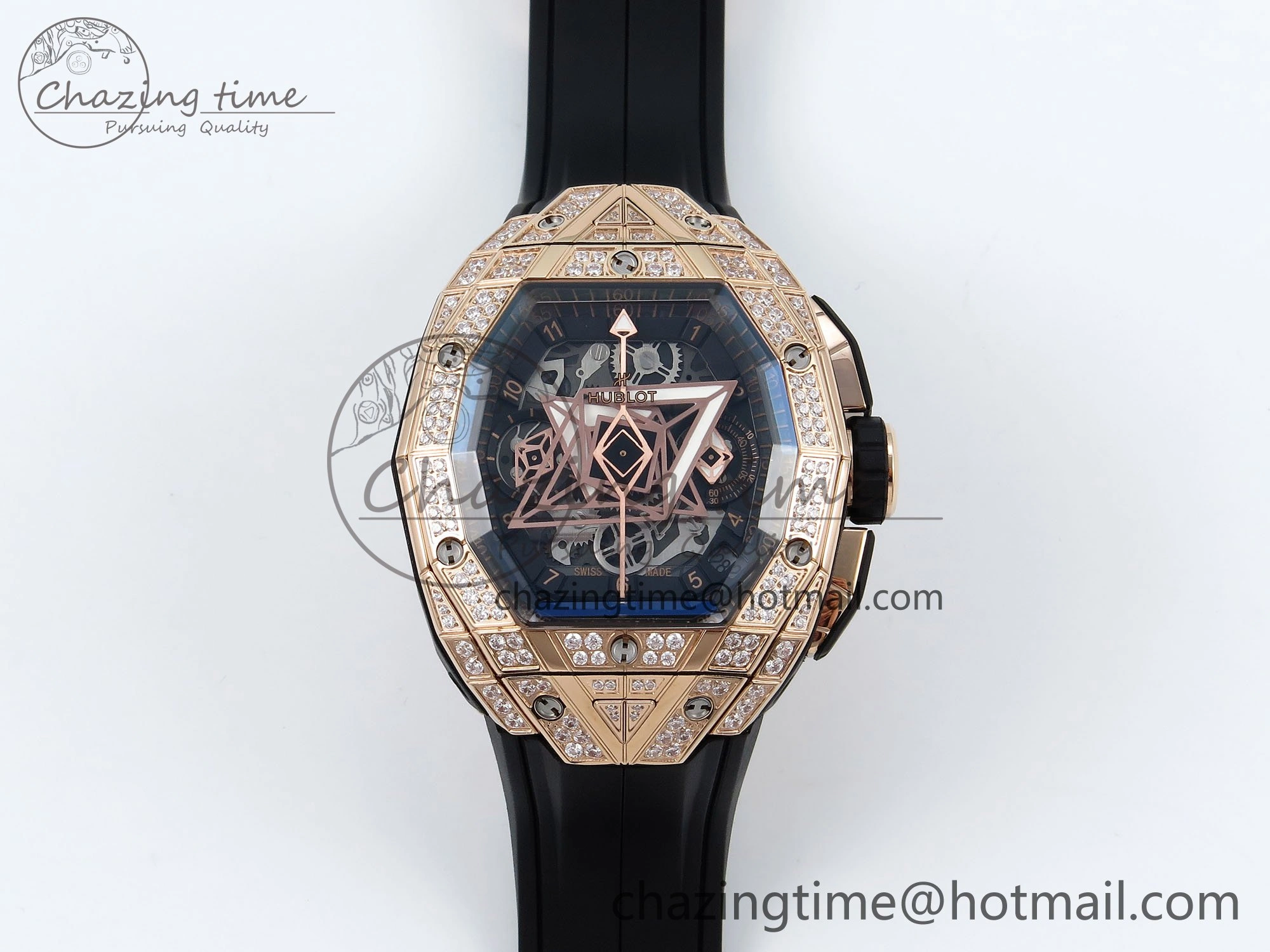 Spirit of Big Bang Sang Bleu RG Full Diamonds BLSF Edition Skeleton Dial on Black Rubber Strap A7750