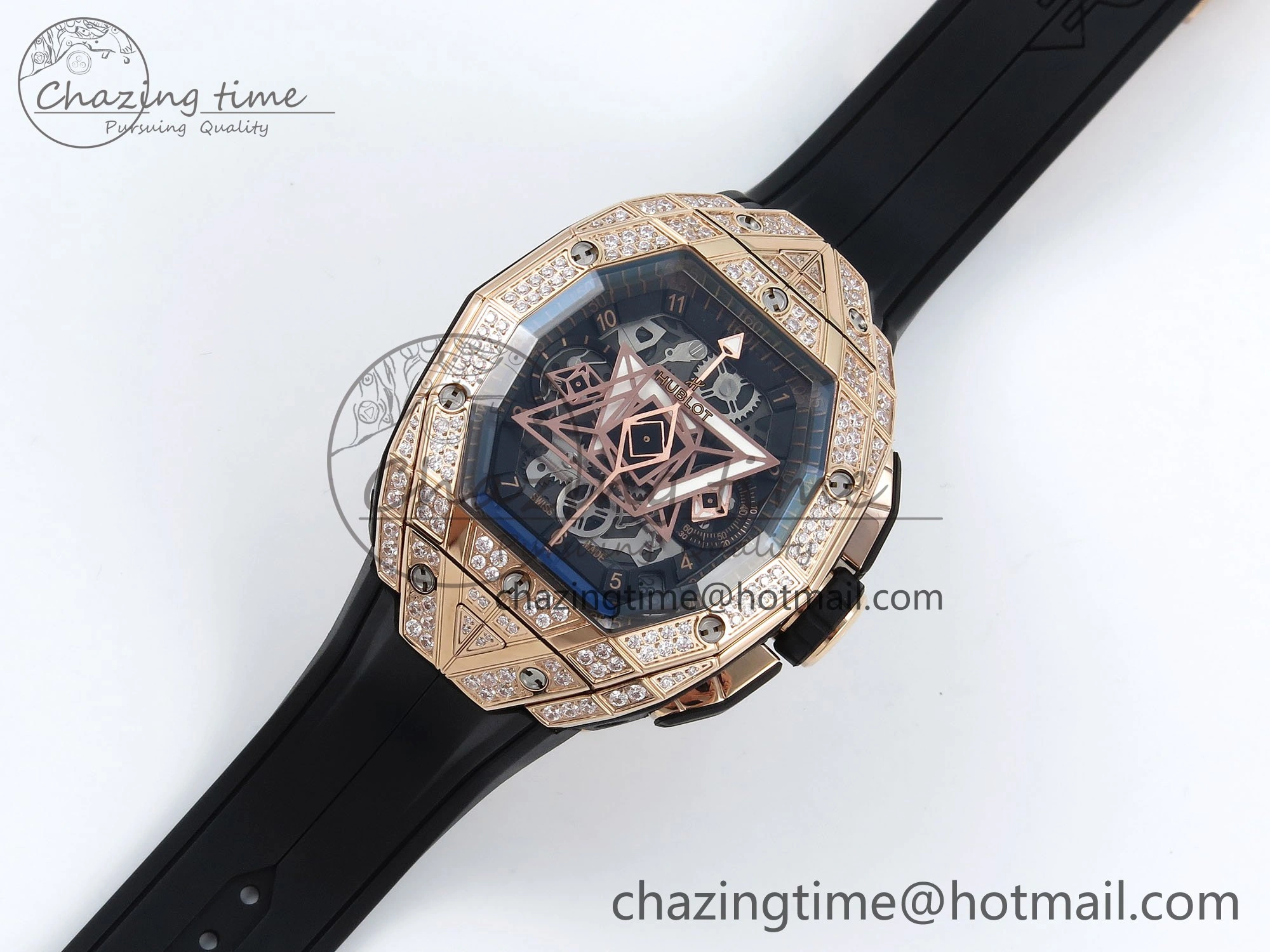 Spirit of Big Bang Sang Bleu RG Full Diamonds BLSF Edition Skeleton Dial on Black Rubber Strap A7750