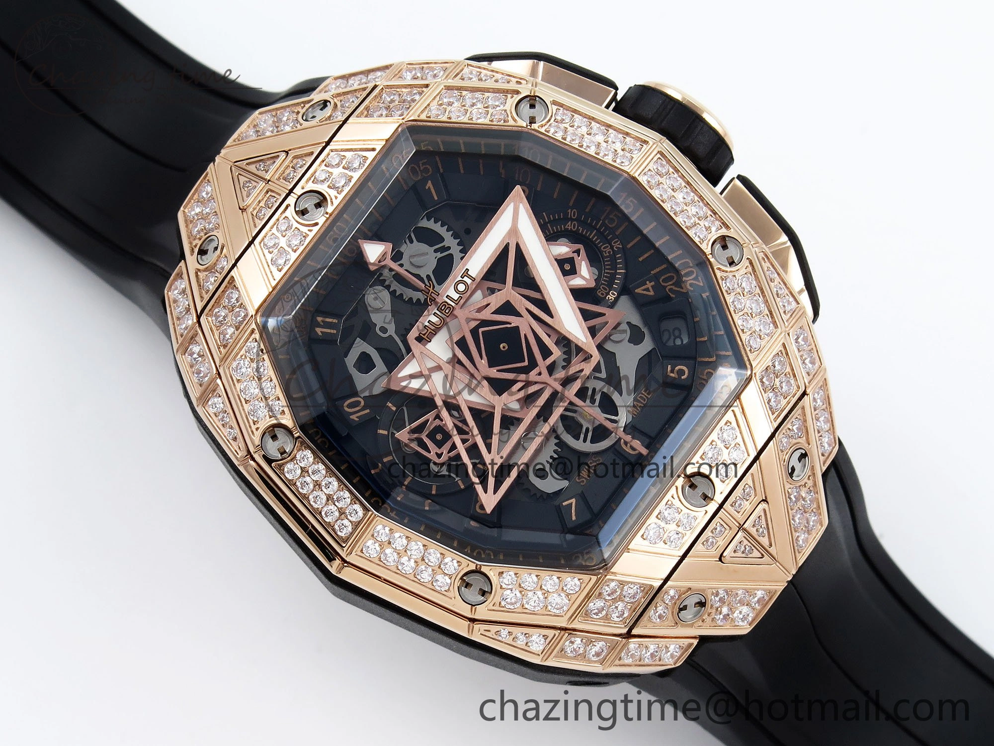 Spirit of Big Bang Sang Bleu RG Full Diamonds BLSF Edition Skeleton Dial on Black Rubber Strap A7750