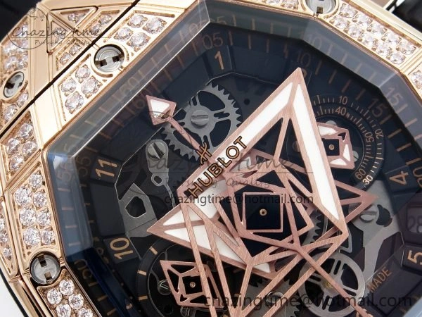 Spirit of Big Bang Sang Bleu RG Full Diamonds BLSF Edition Skeleton Dial on Black Rubber Strap A7750