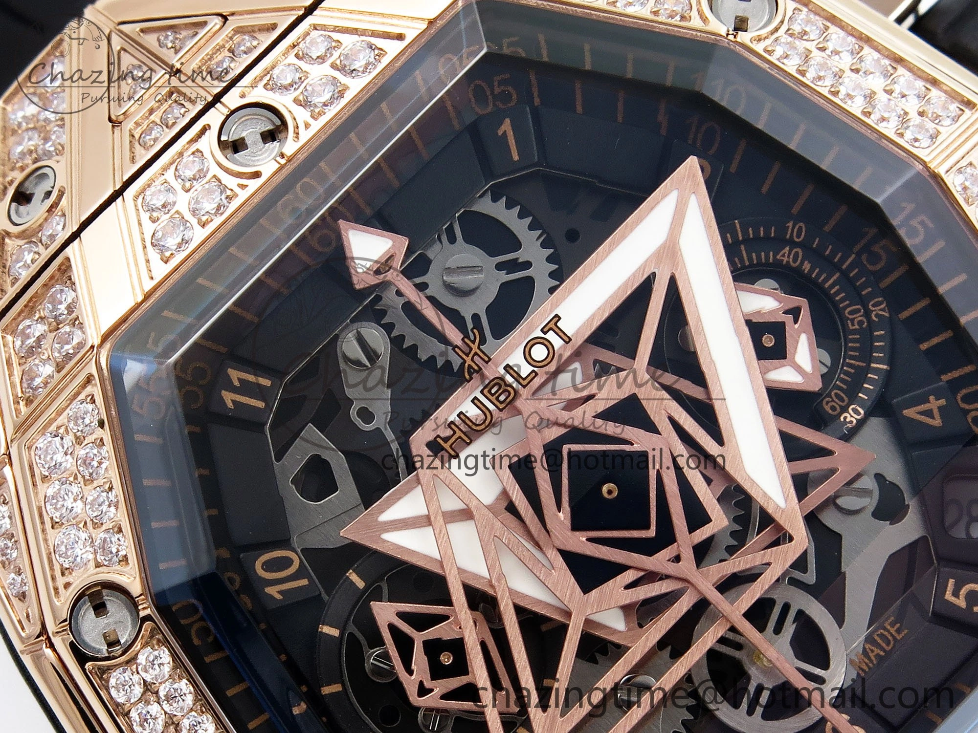 Spirit of Big Bang Sang Bleu RG Full Diamonds BLSF Edition Skeleton Dial on Black Rubber Strap A7750