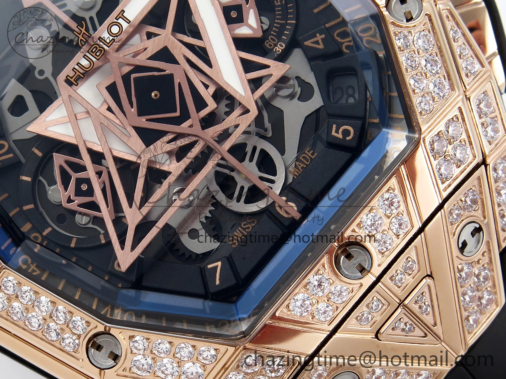 Spirit of Big Bang Sang Bleu RG Full Diamonds BLSF Edition Skeleton Dial on Black Rubber Strap A7750