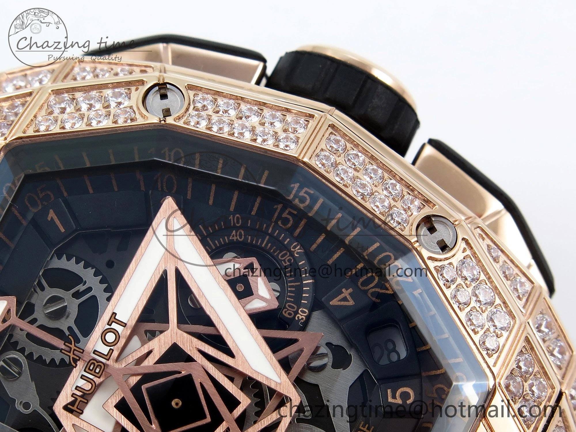 Spirit of Big Bang Sang Bleu RG Full Diamonds BLSF Edition Skeleton Dial on Black Rubber Strap A7750
