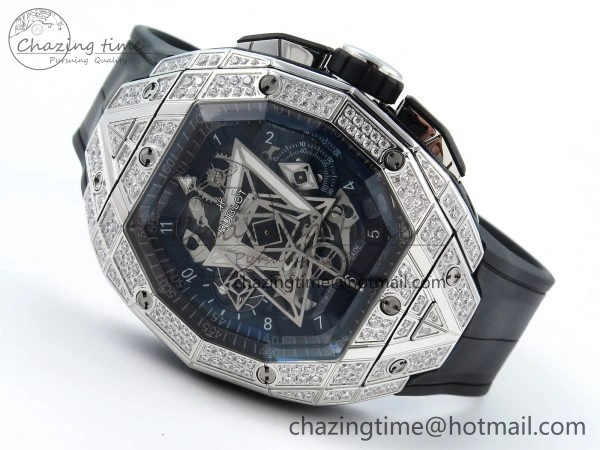 Spirit of Big Bang Sang Bleu SS Full Diamonds BLSF Edition Skeleton Dial on Black Rubber Strap A7750