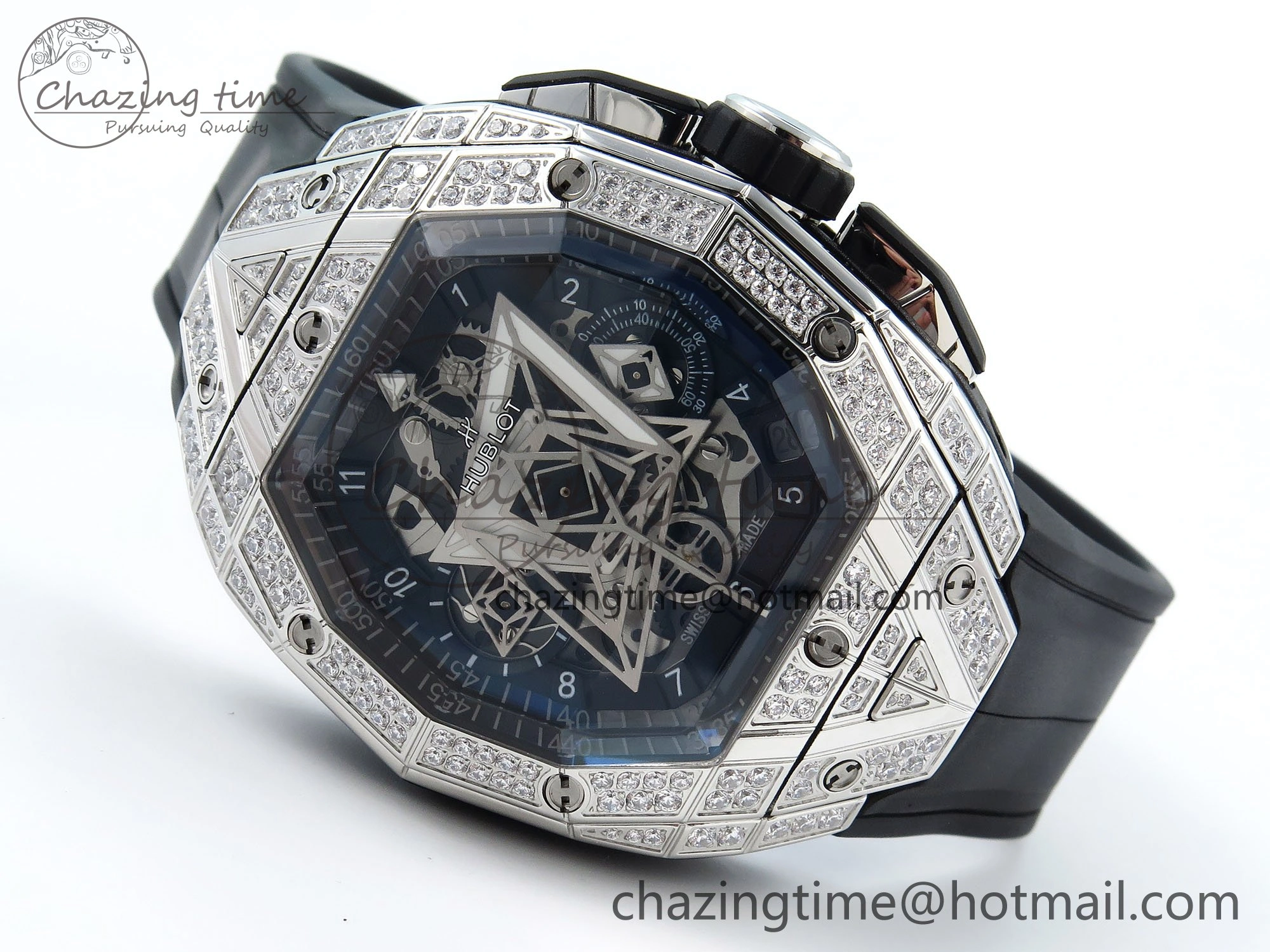 Spirit of Big Bang Sang Bleu SS Full Diamonds BLSF Edition Skeleton Dial on Black Rubber Strap A7750