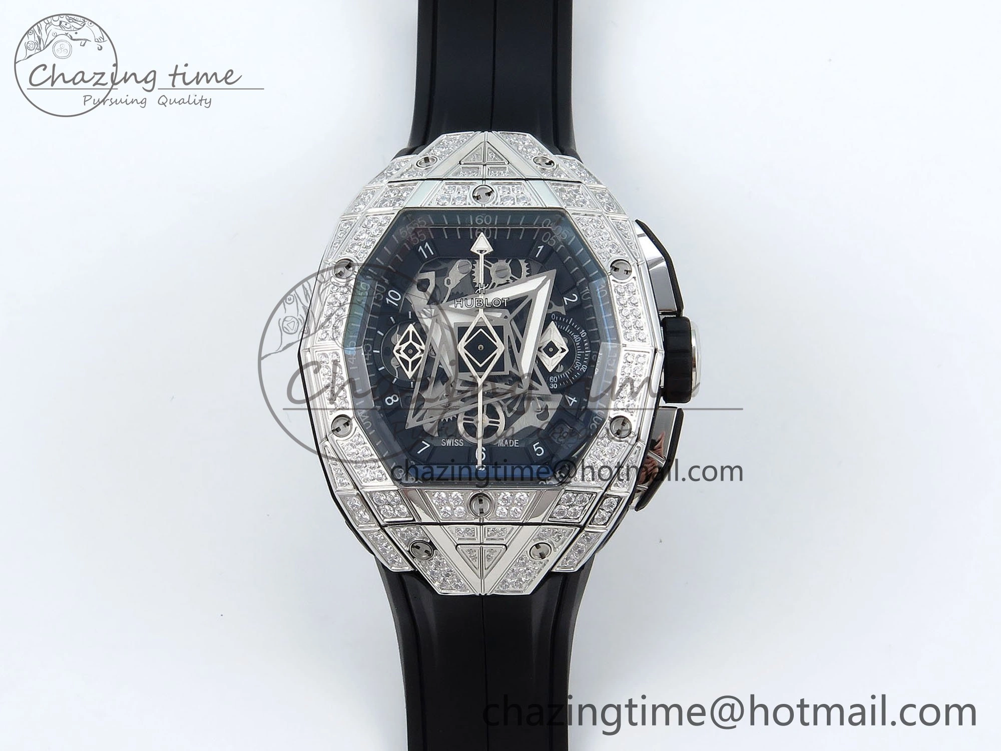 Spirit of Big Bang Sang Bleu SS Full Diamonds BLSF Edition Skeleton Dial on Black Rubber Strap A7750