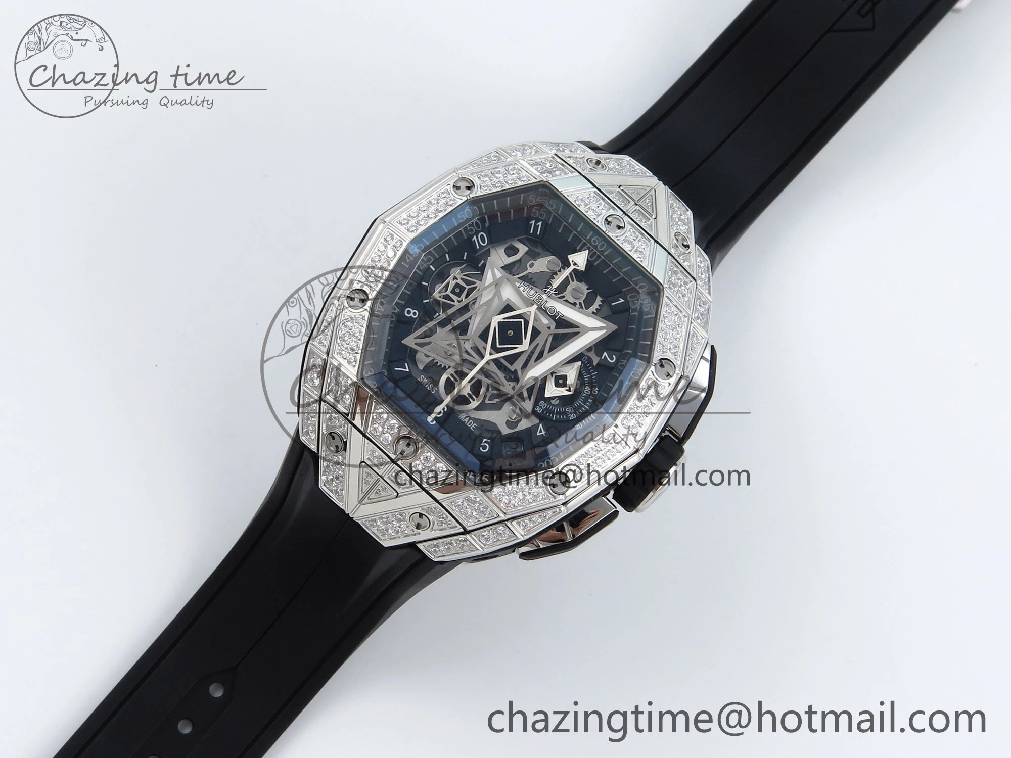 Spirit of Big Bang Sang Bleu SS Full Diamonds BLSF Edition Skeleton Dial on Black Rubber Strap A7750