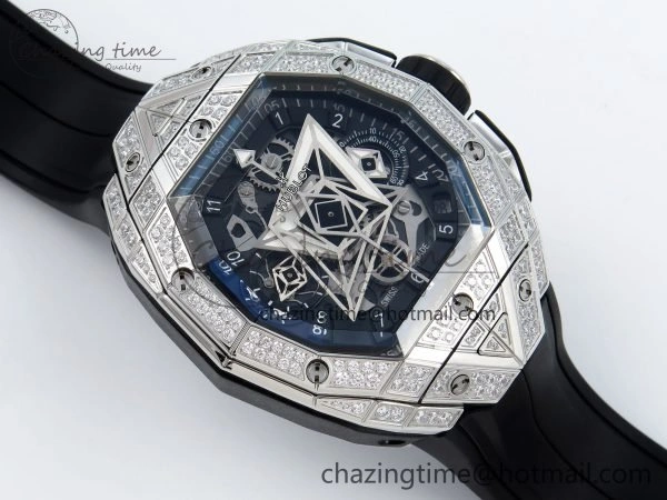 Spirit of Big Bang Sang Bleu SS Full Diamonds BLSF Edition Skeleton Dial on Black Rubber Strap A7750