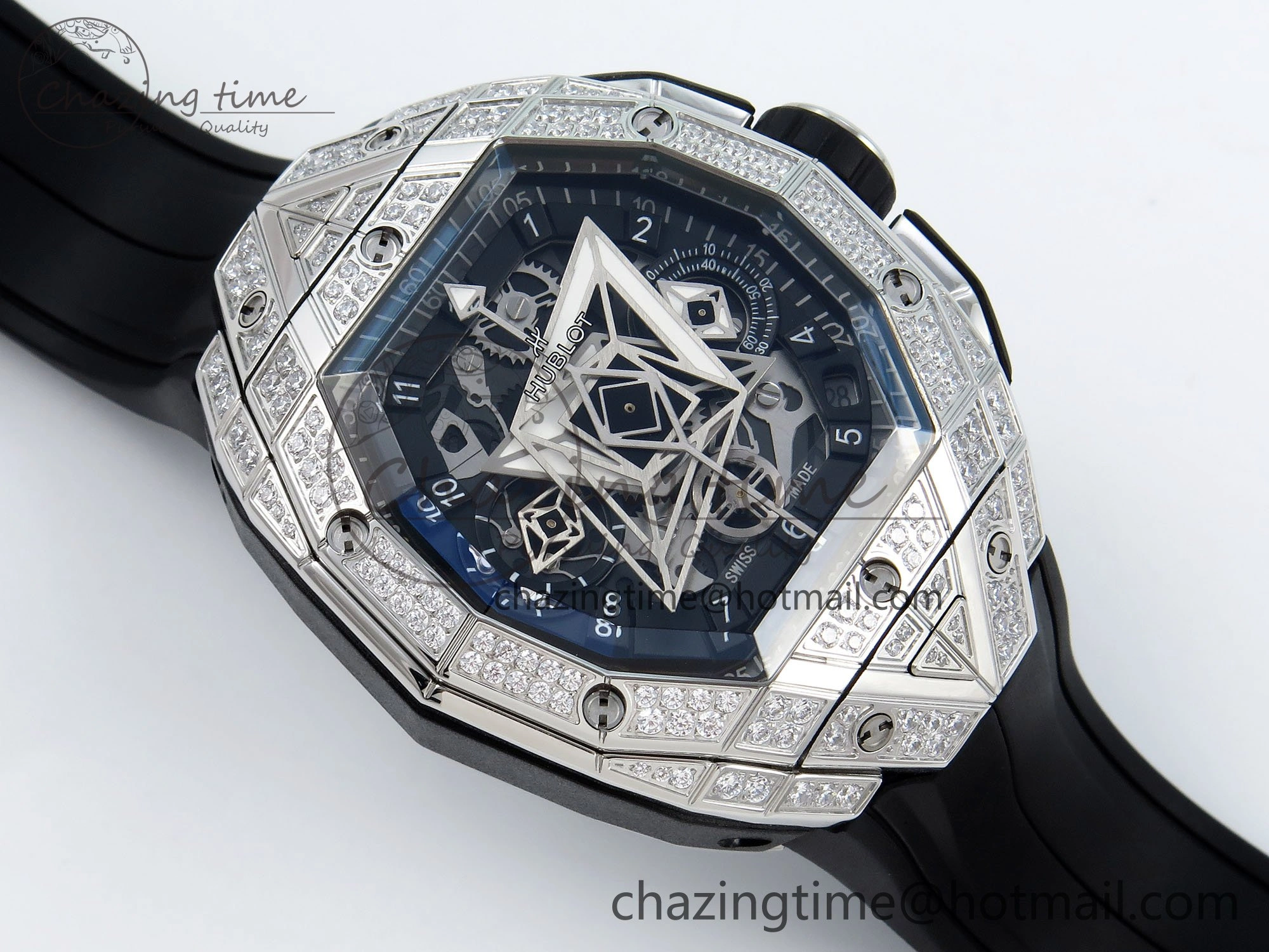 Spirit of Big Bang Sang Bleu SS Full Diamonds BLSF Edition Skeleton Dial on Black Rubber Strap A7750