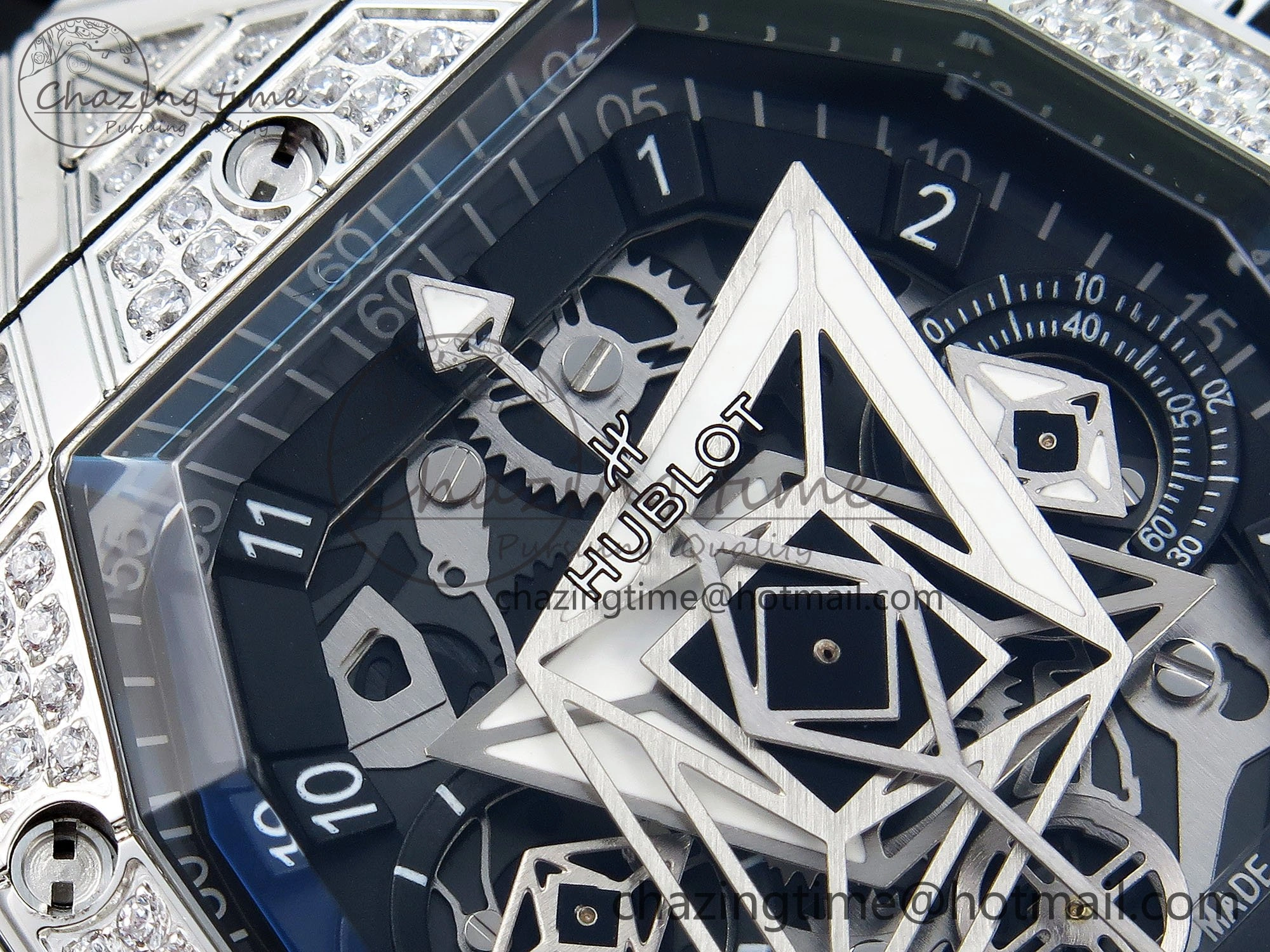 Spirit of Big Bang Sang Bleu SS Full Diamonds BLSF Edition Skeleton Dial on Black Rubber Strap A7750