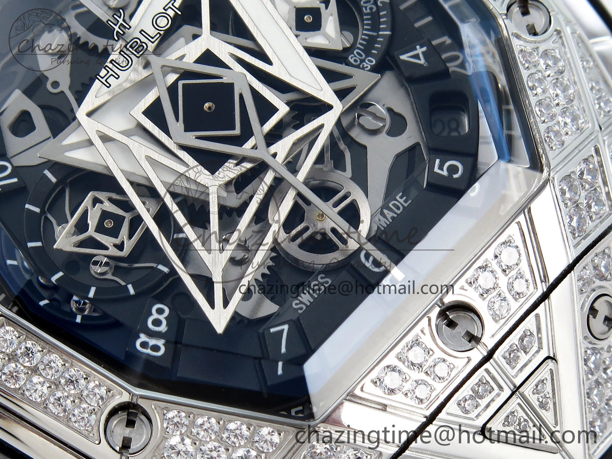 Spirit of Big Bang Sang Bleu SS Full Diamonds BLSF Edition Skeleton Dial on Black Rubber Strap A7750