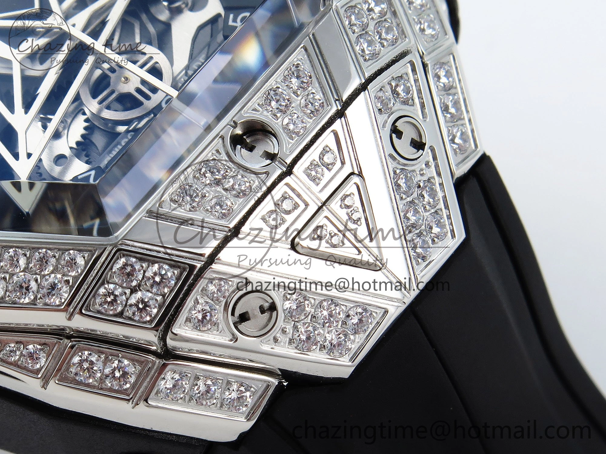 Spirit of Big Bang Sang Bleu SS Full Diamonds BLSF Edition Skeleton Dial on Black Rubber Strap A7750
