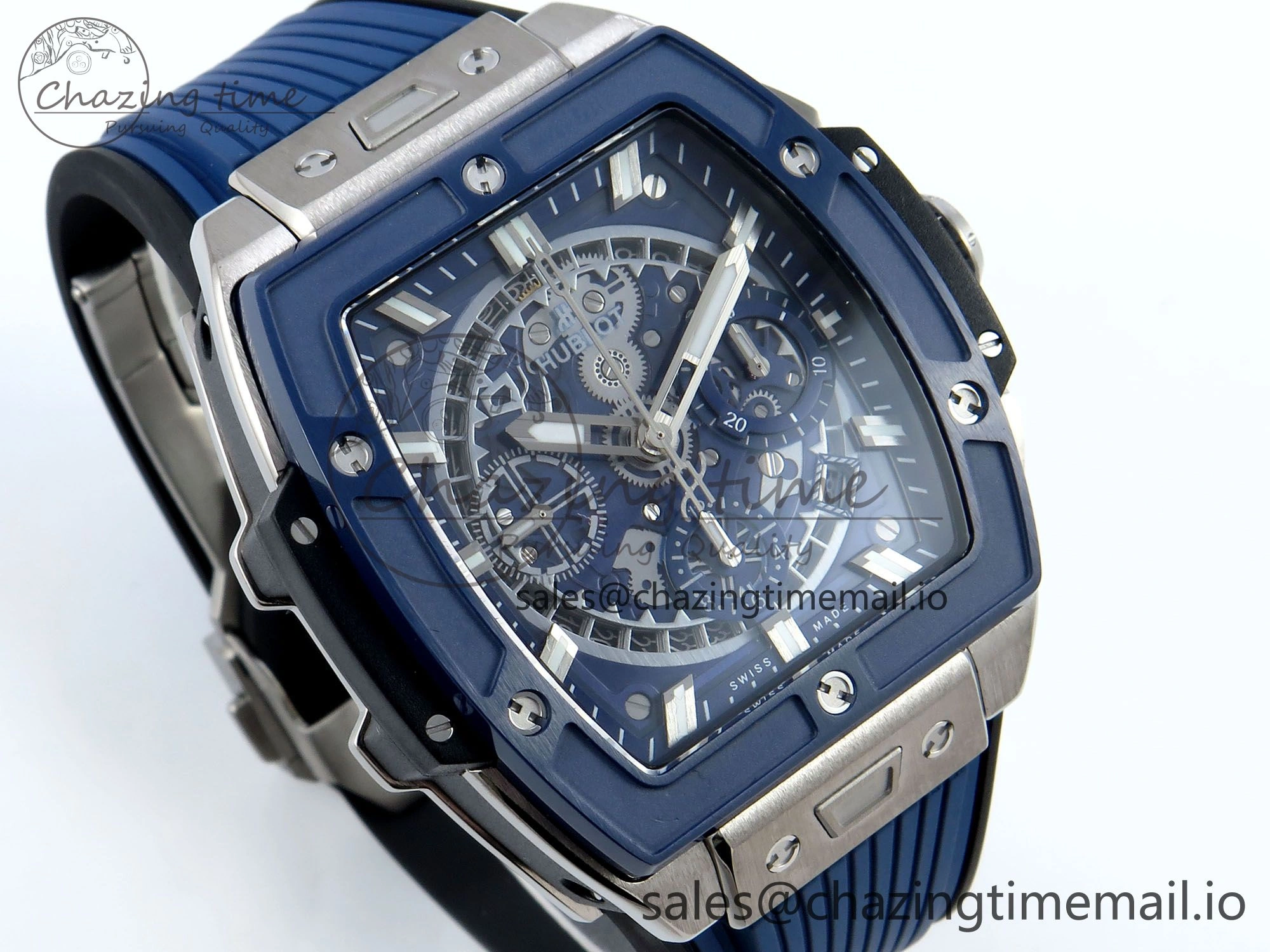 Spirit of Big Bang Titanium BBF 1:1 Best Edition Blue Ceramic Bezel Skeleton Dial on Blue Rubber Strap A7750