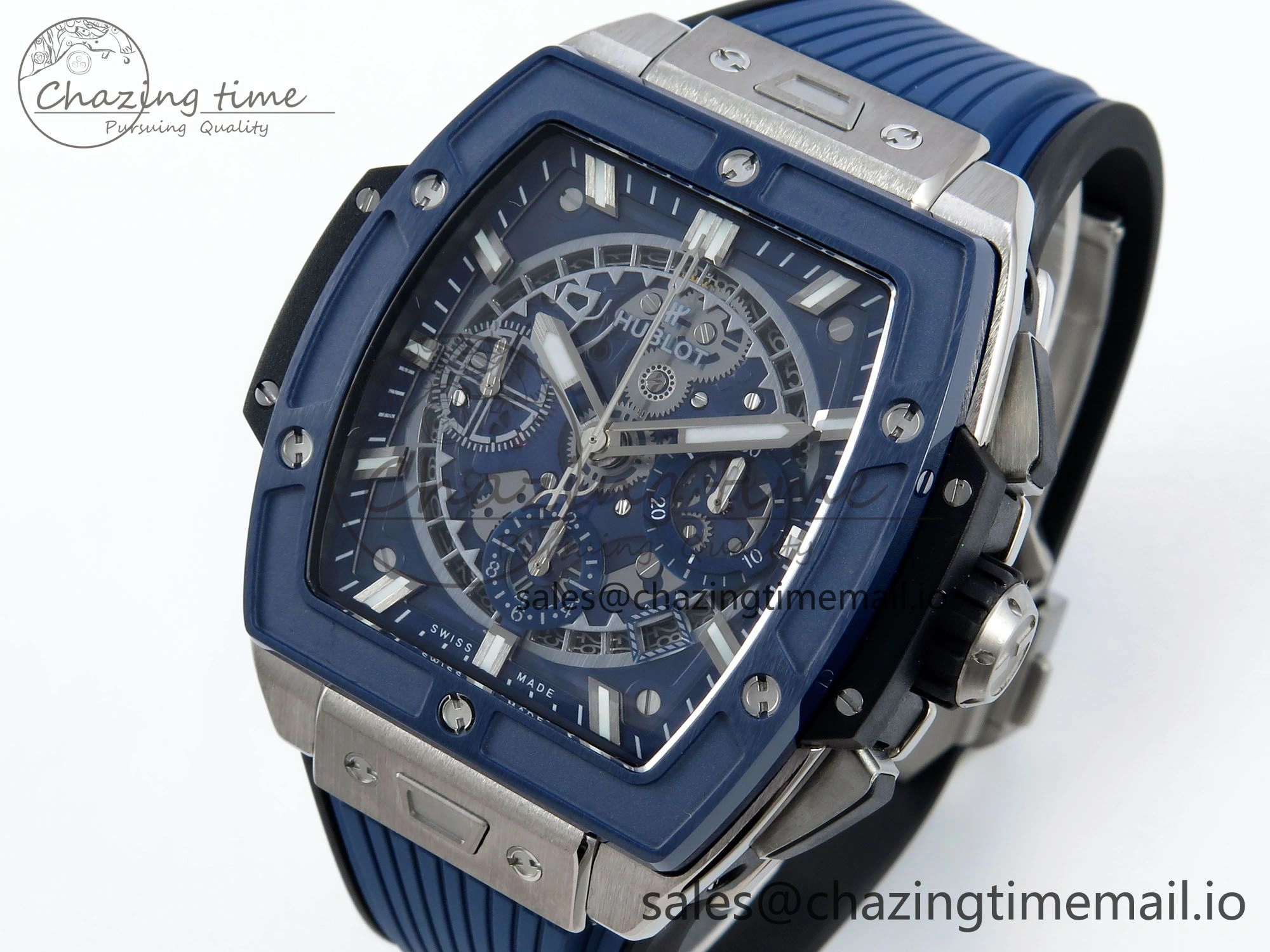 Spirit of Big Bang Titanium BBF 1:1 Best Edition Blue Ceramic Bezel Skeleton Dial on Blue Rubber Strap A7750