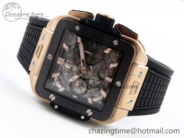 Square Bang Unico 42mm RG BBF 1:1 Best Edition Skeleton Dial Ceramic Bezel on Black Rubber Strap A1280