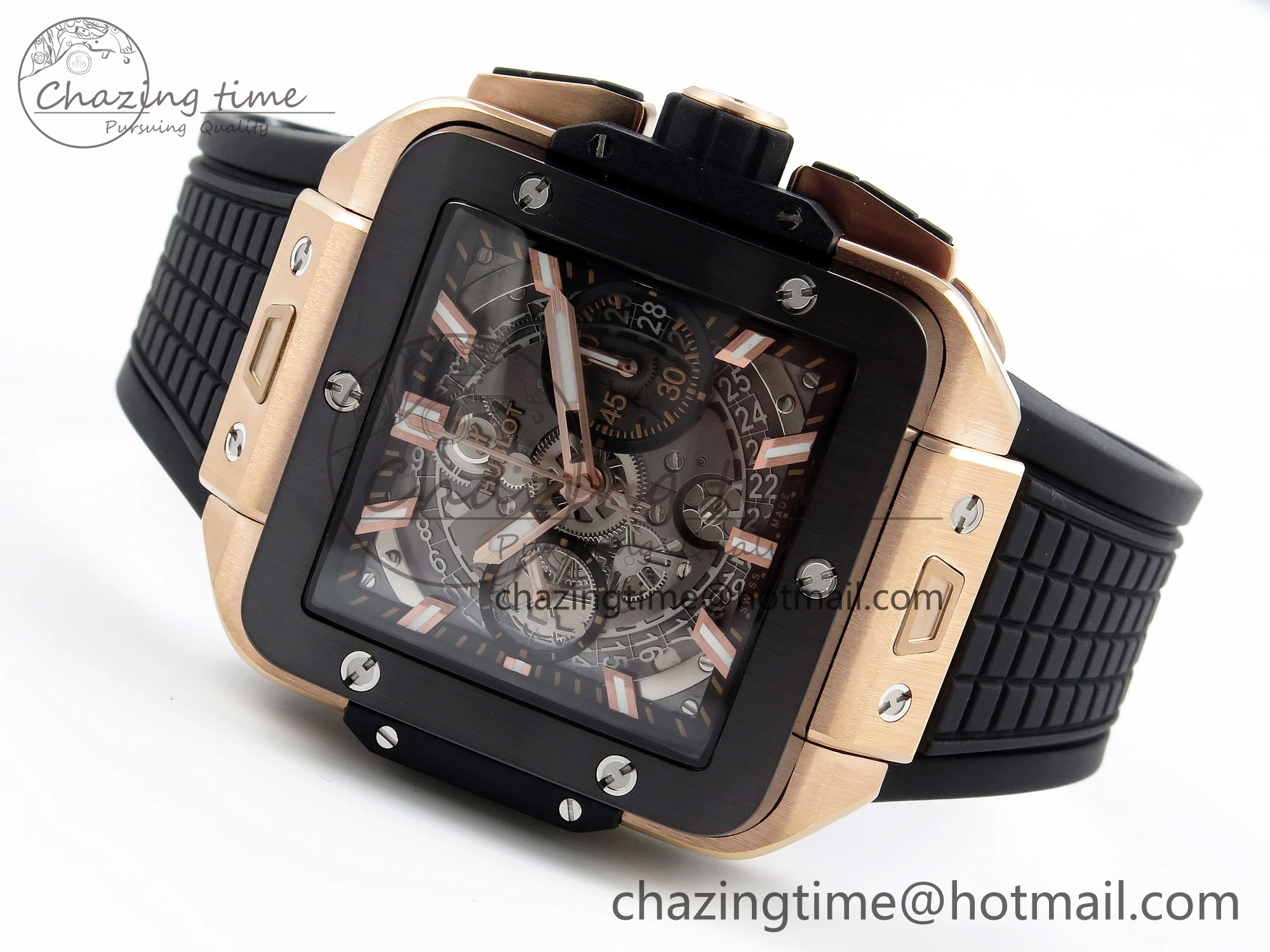 Square Bang Unico 42mm RG BBF 1:1 Best Edition Skeleton Dial Ceramic Bezel on Black Rubber Strap A1280