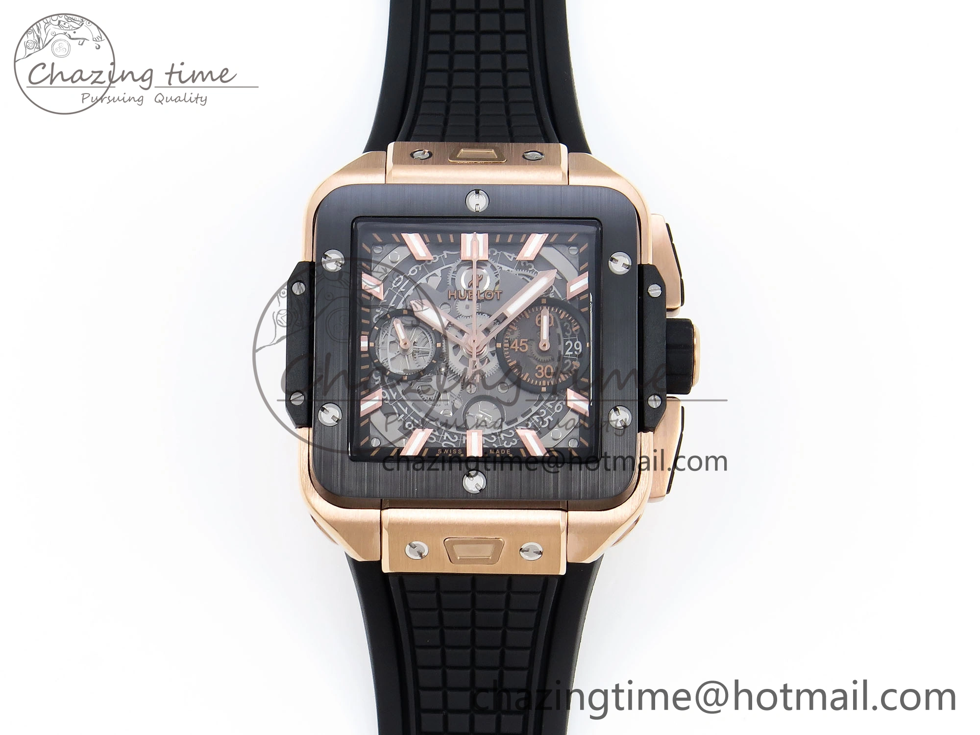 Square Bang Unico 42mm RG BBF 1:1 Best Edition Skeleton Dial Ceramic Bezel on Black Rubber Strap A1280