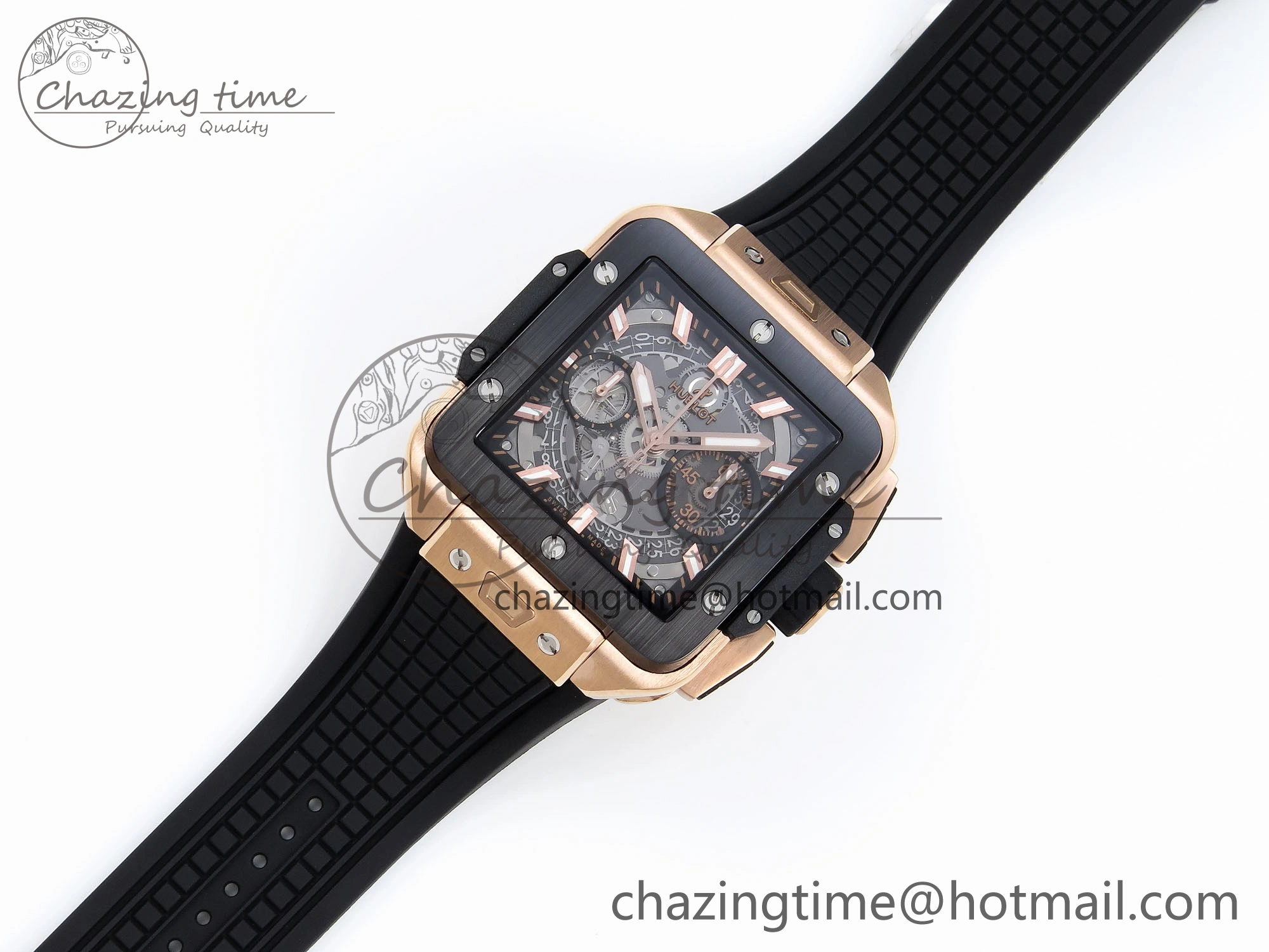 Square Bang Unico 42mm RG BBF 1:1 Best Edition Skeleton Dial Ceramic Bezel on Black Rubber Strap A1280