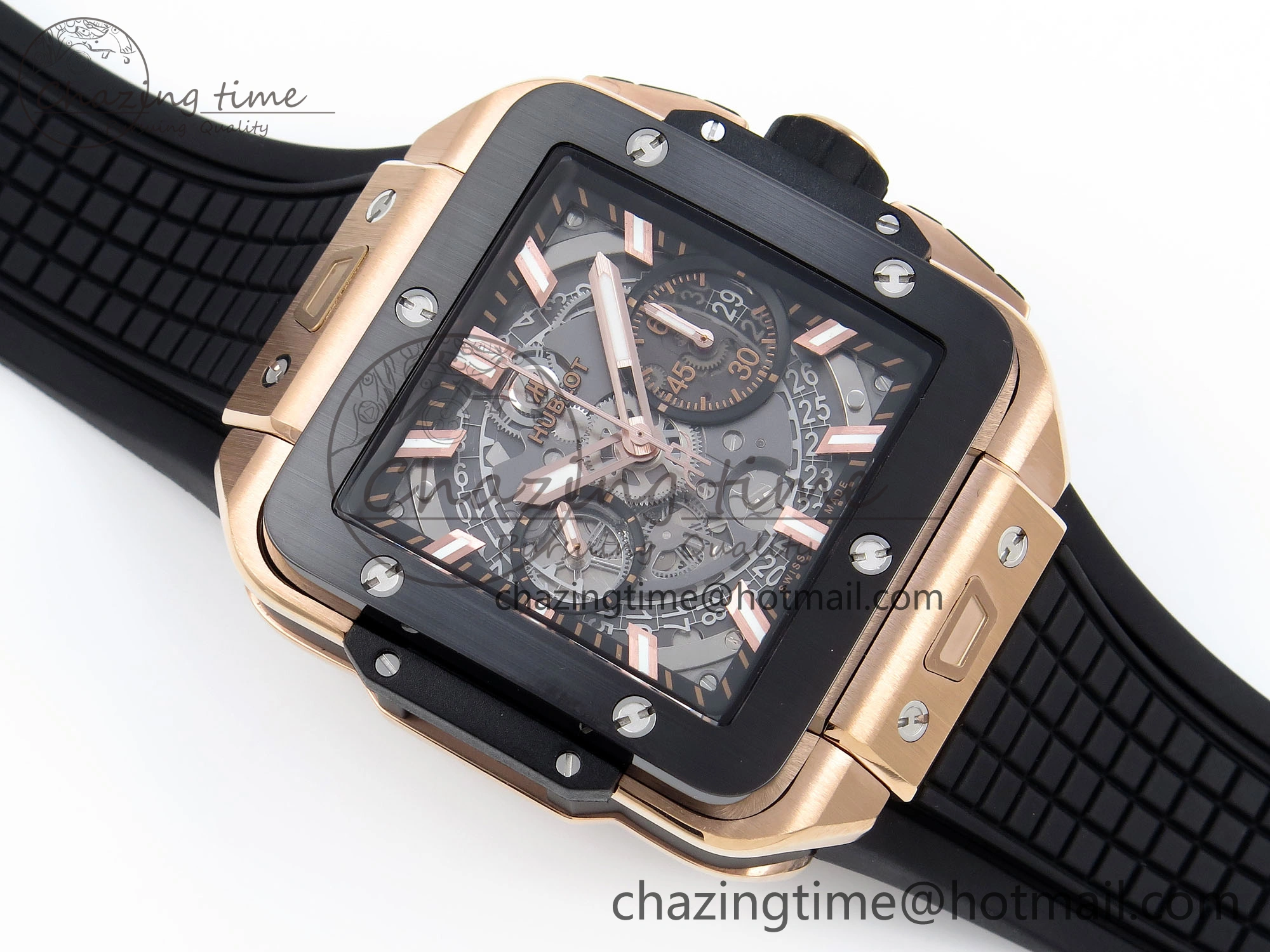 Square Bang Unico 42mm RG BBF 1:1 Best Edition Skeleton Dial Ceramic Bezel on Black Rubber Strap A1280