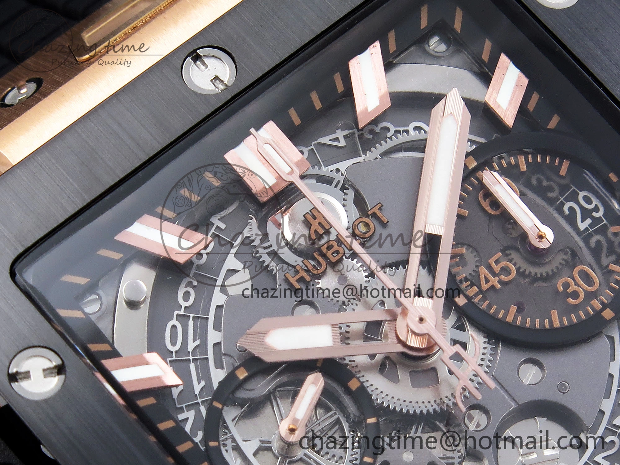 Square Bang Unico 42mm RG BBF 1:1 Best Edition Skeleton Dial Ceramic Bezel on Black Rubber Strap A1280