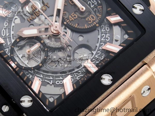 Square Bang Unico 42mm RG BBF 1:1 Best Edition Skeleton Dial Ceramic Bezel on Black Rubber Strap A1280