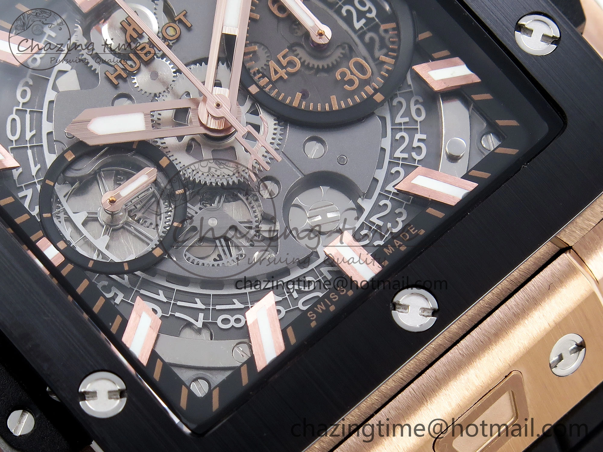 Square Bang Unico 42mm RG BBF 1:1 Best Edition Skeleton Dial Ceramic Bezel on Black Rubber Strap A1280