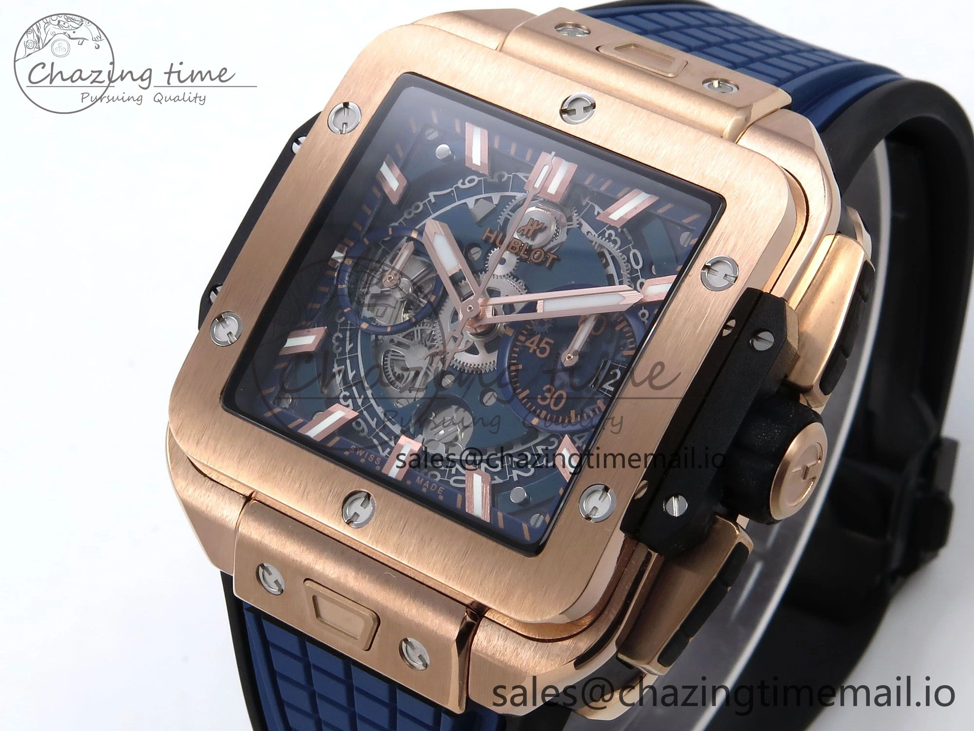 Square Bang Unico 42mm RG BBF 1:1 Best Edition Skeleton Dial on Blue Rubber Strap A1280