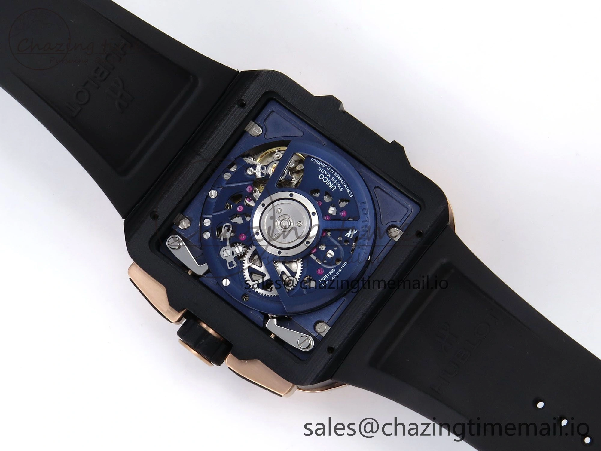 Square Bang Unico 42mm RG Ceramic BBF 1:1 Best Edition Skeleton Dial on Blue Rubber Strap A1280