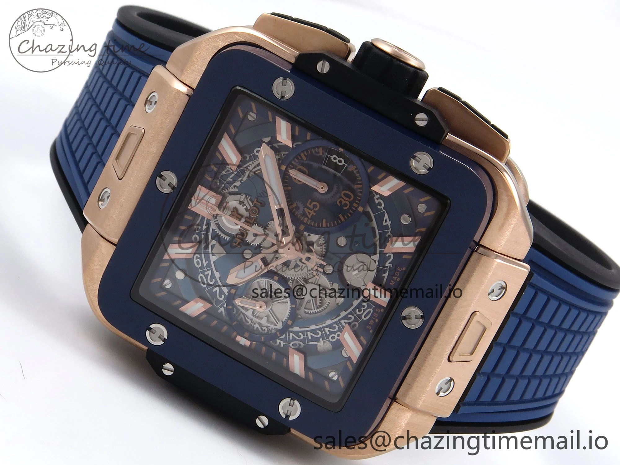Square Bang Unico 42mm RG Ceramic BBF 1:1 Best Edition Skeleton Dial on Blue Rubber Strap A1280