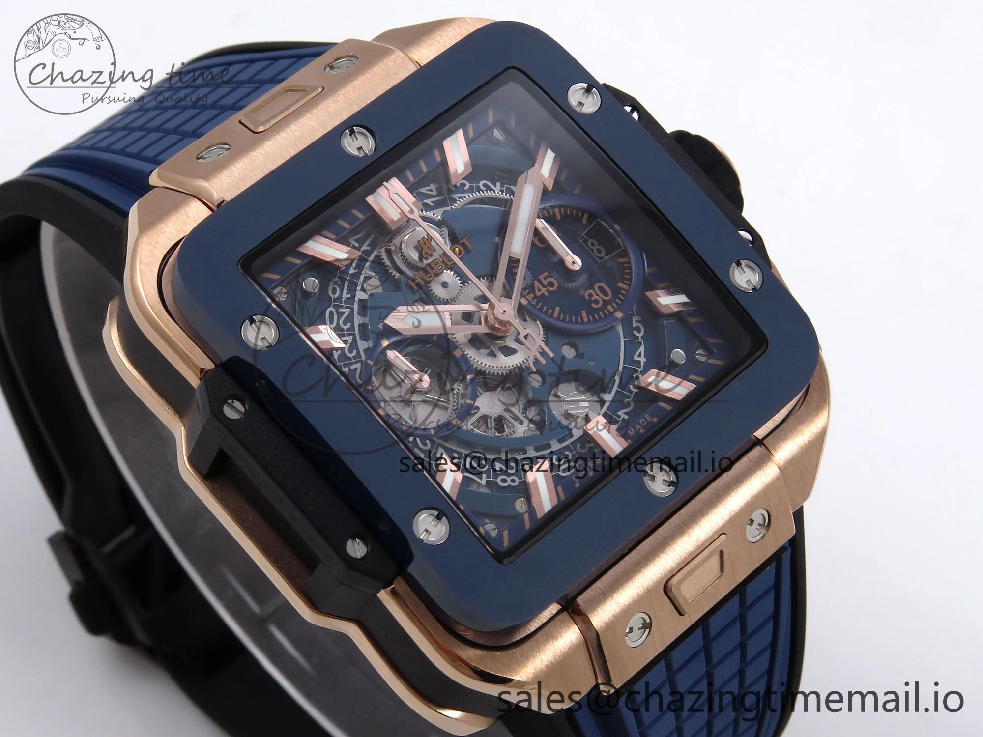 Square Bang Unico 42mm RG Ceramic BBF 1:1 Best Edition Skeleton Dial on Blue Rubber Strap A1280