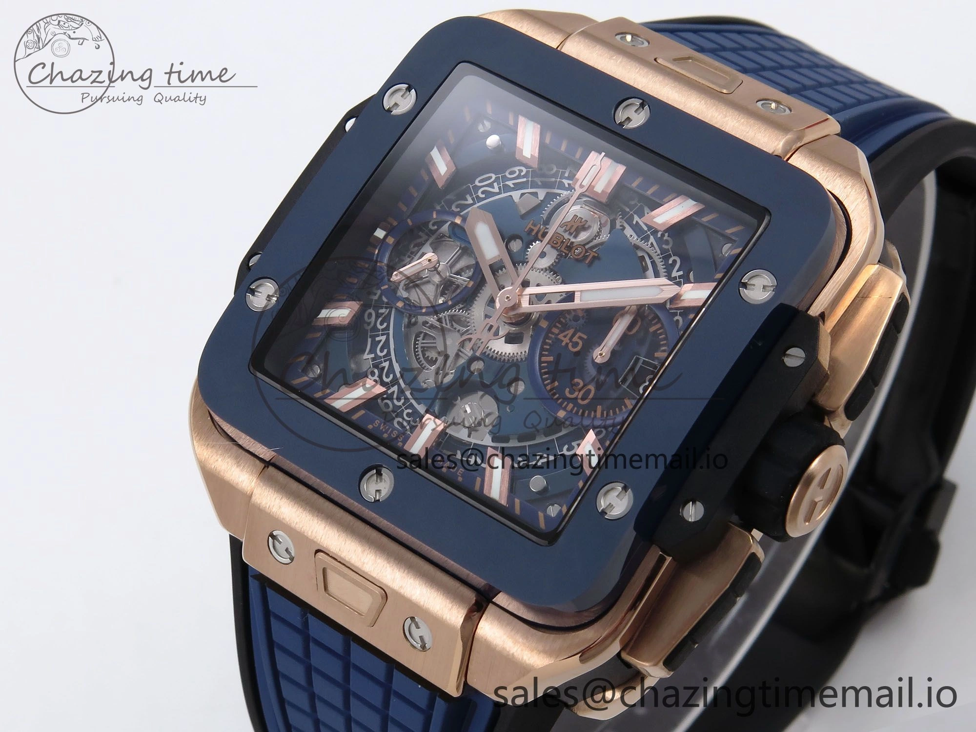 Square Bang Unico 42mm RG Ceramic BBF 1:1 Best Edition Skeleton Dial on Blue Rubber Strap A1280