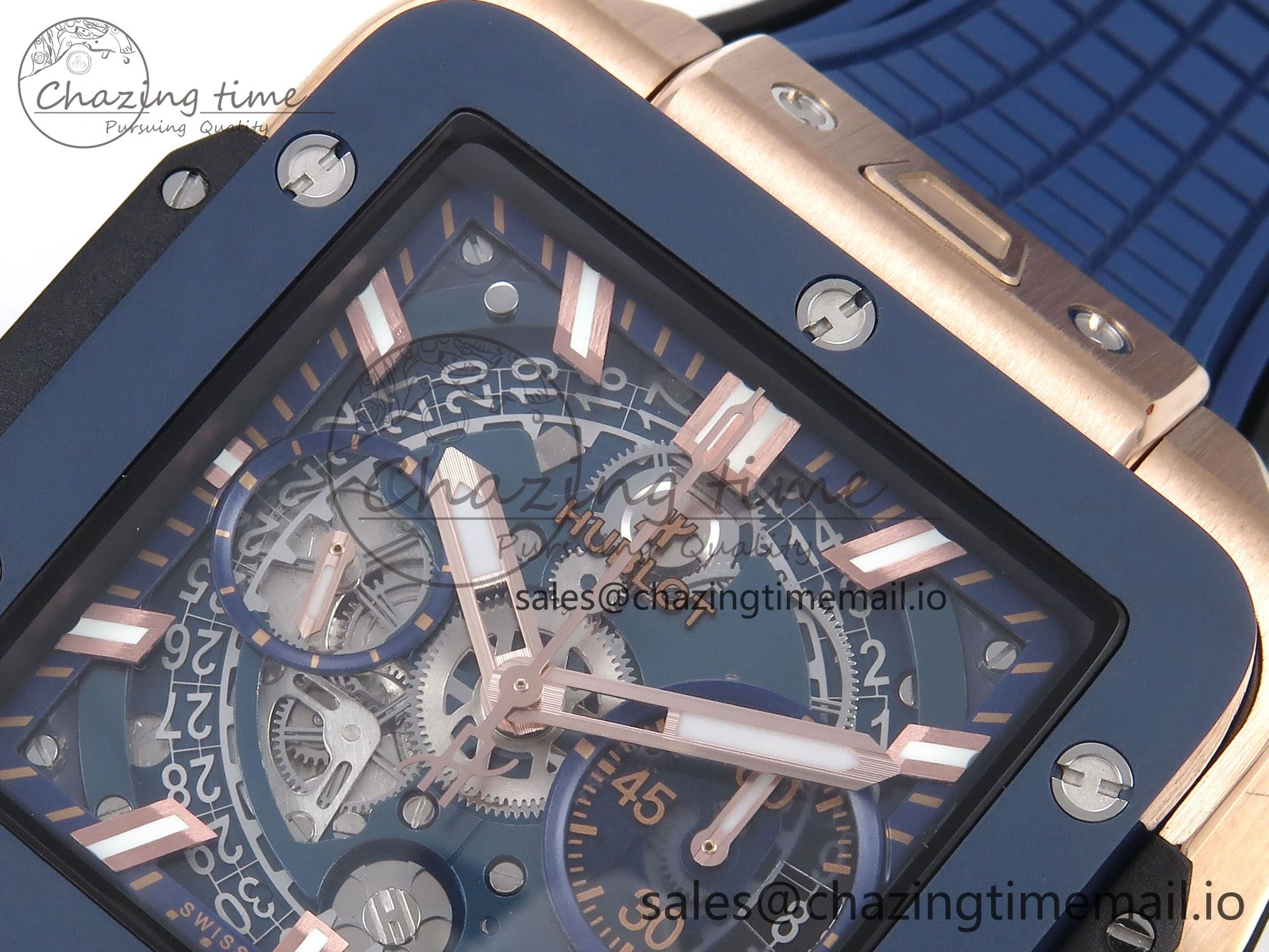 Square Bang Unico 42mm RG Ceramic BBF 1:1 Best Edition Skeleton Dial on Blue Rubber Strap A1280