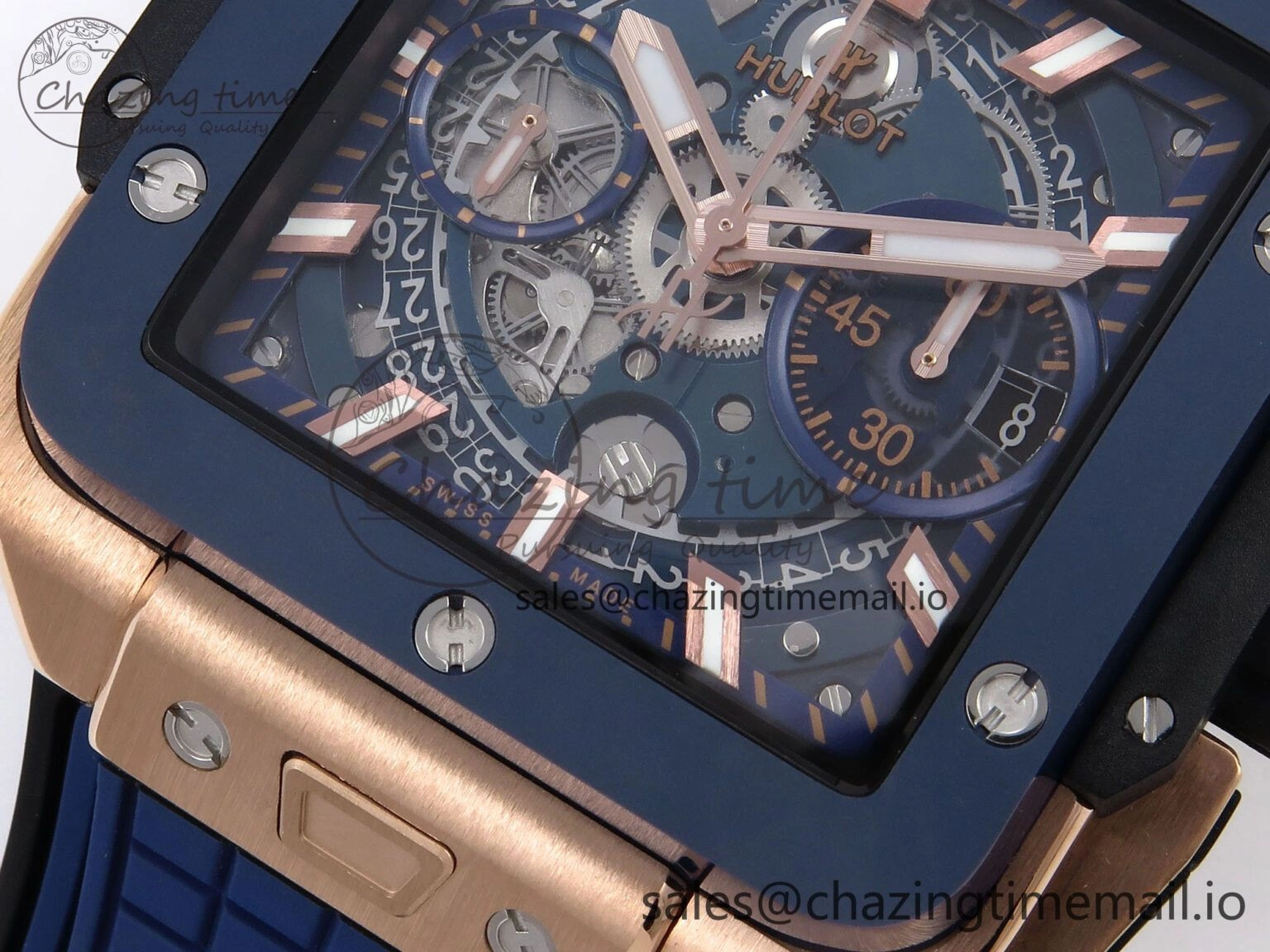 Square Bang Unico 42mm RG Ceramic BBF 1:1 Best Edition Skeleton Dial on Blue Rubber Strap A1280