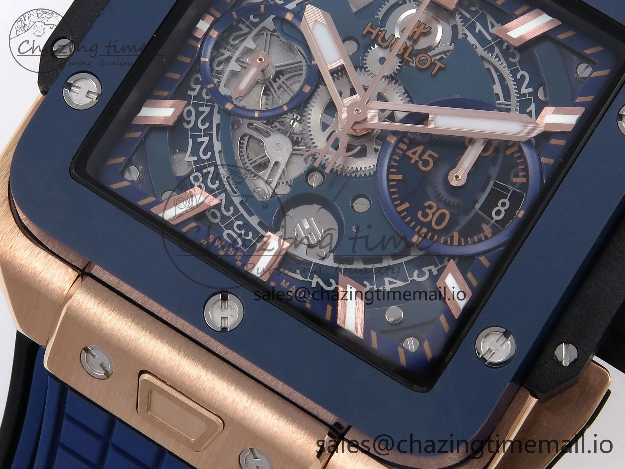 Square Bang Unico 42mm RG Ceramic BBF 1:1 Best Edition Skeleton Dial on Blue Rubber Strap A1280