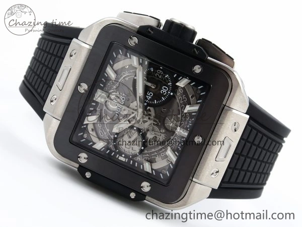 Square Bang Unico 42mm Titanium BBF 1:1 Best Edition Skeleton Dial Ceramic Bezel on Black Rubber Strap A1280