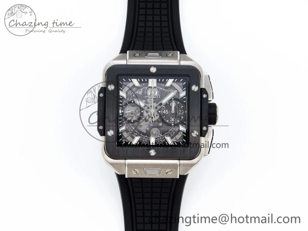 Square Bang Unico 42mm Titanium BBF 1:1 Best Edition Skeleton Dial Ceramic Bezel on Black Rubber Strap A1280