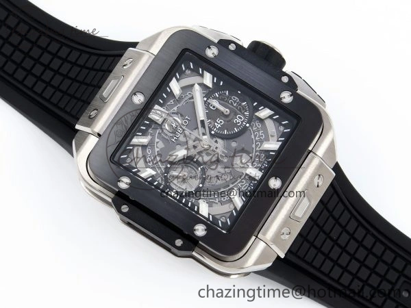 Square Bang Unico 42mm Titanium BBF 1:1 Best Edition Skeleton Dial Ceramic Bezel on Black Rubber Strap A1280